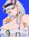  1girl arknights bare_shoulders black_choker blue_background breasts camisole choker cleavage eyewear_removed grey_hair halterneck horns huge_breasts long_hair looking_at_viewer nail_polish off_shoulder orange_eyes orange_nails oru_(doctortukikage) saria_(arknights) simple_background solo sunglasses upper_body visor_cap 