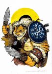  anthro arrow fangs felid frown hi_res male mammal pantherine solo stripes tiger tuskforce warrior weapon 