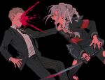  1boy 1girl armband bangs black_background black_jacket black_legwear black_necktie black_pants black_sailor_collar black_shirt black_skirt blood braid clenched_teeth cutting danganronpa_(series) danganronpa_2:_goodbye_despair feet_out_of_frame glasses grey_hair grey_ribbon grey_shirt hair_ribbon highres holding holding_katana holding_weapon injury jacket kuzuryuu_fuyuhiko long_hair mimulishizi miniskirt neckerchief necktie open_clothes open_jacket pants pantyhose pekoyama_peko pink_blood red_armband red_eyes red_neckerchief ribbon sailor_collar school_uniform shirt skirt striped striped_jacket striped_pants tears teeth torn_clothes torn_legwear twin_braids weapon 