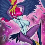  1girl armpits arms_up bangs blue_feathers blue_skin colored_skin duel_monster elbow_gloves feathered_wings feathers gloves green_eyes harpie_lady harpy knee_up long_hair looking_at_viewer monster_girl navel none_(44404247) pointy_ears profile purple_background red_hair solo talons winged_arms wings yu-gi-oh! 