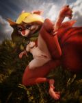  3d_(artwork) 4_fingers anthro anus big_ears breasts cape claws clothing cloud cowl digital_media_(artwork) dota feet female fingers fur genitals grass hi_res hood hoodwink_(dota) hybrid mammal nature nature_background nipples nude paws plant presenting pussy red_body red_fur rodent sciurid sladdoska solo tail_tuft toes tuft video_games white_body 