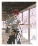  1boy archery arrow_(projectile) bangs between_fingers black_hakama border bow_(weapon) ceiling cherry_blossoms closed_mouth cowboy_shot day ensemble_stars! gloves hakama highres holding holding_arrow holding_bow_(weapon) holding_weapon indoors japanese_clothes kyuudou light_particles looking_away male_focus petals red_hair short_hair short_sleeves shuyu08382645 sideways_glance single_glove solo solo_focus standing suou_tsukasa tree veranda weapon wind wooden_floor 