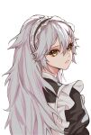  1girl back bangs closed_mouth danxing_aipangzi eyebrows_visible_through_hair from_side gepard_m1_(contracted_today)_(girls&#039;_frontline) gepard_m1_(girls&#039;_frontline) girls&#039;_frontline grey_hair highres long_hair looking_at_viewer maid maid_headdress official_alternate_costume solo upper_body very_long_hair white_background yellow_eyes 