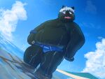  2022 anthro belly big_belly black_body bulge canid canine carupisu77 clothing cloud detailed_background hair hi_res humanoid_hands kemono kokuba_hoeguro male mammal moobs outside overweight overweight_male solo swimwear virtual_youtuber water wet white_hair 