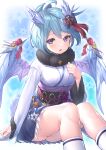  1girl :o absurdres ahoge blue_hair blue_skirt bow breasts commentary dot_nose dragon_girl dragon_wings eyebrows_visible_through_hair feet_out_of_frame fur_scarf fur_trim hair_between_eyes hair_bow hair_ornament hand_on_own_chest hazakura_shoha highres kneehighs knees_together_feet_apart long_sleeves open_mouth pleated_skirt princess_connect! purple_eyes sash shefi_(princess_connect!) sitting skirt snowflakes solo tassel thighs wings 