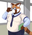  2022 ailurid anthro bari_mu belly big_belly book bottomwear brown_body clothing detailed_background eyewear glasses hi_res humanoid_hands inside male mammal necktie overweight overweight_male pants red_panda shirt solo topwear 