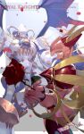  armor artist_name character_name cropped_legs digimon digimon_(creature) digimon_frontier dragon dynasmon e_volution english_text falling_petals flower from_side gold_trim helmet holding holding_flower horns lordknightmon no_humans petals pink_armor profile red_eyes rose white_armor wings 