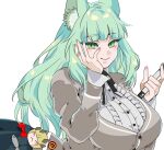  1girl animal_ear_fluff animal_ears arknights black_ribbon breasts cardigan cat_ears center_frills commentary frills green_eyes green_hair green_nails grey_cardigan hand_up hands_up harmonie_(arknights) large_breasts long_hair long_sleeves looking_at_viewer nail_polish neck_ribbon oru_(doctortukikage) ribbon simple_background solo upper_body white_background 