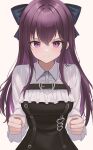  1girl absurdres bangs belt black_belt blue_bow blush bow clothing_request eyebrows_visible_through_hair hair_between_eyes hair_bow highres jururu long_hair looking_at_viewer purple_eyes purple_hair sidelocks simple_background solo ttusee5 upper_body virtual_youtuber waktaverse 