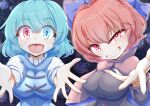  2girls :d bangs blue_bow blue_eyes blue_hair bow breasts cross-laced_clothes dollyspica eyebrows_visible_through_hair fingernails grin hair_bow heterochromia large_breasts long_fingernails looking_at_viewer multiple_girls open_mouth red_eyes red_hair sekibanki sekibanki_day short_hair smile tatara_kogasa touhou upper_body 