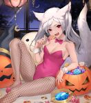  1girl adapted_costume animal_ears bow bowtie breasts candy checkerboard_cookie cleavage collarbone cookie crescent detached_collar fake_animal_ears fang fire_emblem fire_emblem_awakening fire_emblem_heroes fishnet_legwear fishnets food grey_hair grima_(fire_emblem) halloween haru_(nakajou-28) highleg highleg_leotard holding holding_candy holding_food holding_lollipop leotard lollipop medium_breasts night night_sky pantyhose pink_footwear pink_leotard playboy_bunny pumpkin red_eyes robin_(fire_emblem) robin_(fire_emblem)_(female) sky solo strapless strapless_leotard swirl_lollipop tail twintails wolf_ears wrist_cuffs 