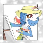  2021 3_fingers apron blue_hair canvas clothing duo female fingers focused gardevoir hair hair_over_eye hat headgear headwear hi_res humanoid milotic nintendo not_furry one_eye_obstructed paint_bucket paint_palette painting pok&eacute;mon pok&eacute;mon_(species) renv saeko_(renv) shaded shiny_gardevoir shiny_pok&eacute;mon simple_shading tongue tongue_out video_games yellow_eyes 