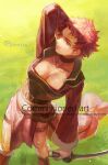  1girl alternate_costume breasts choker cleavage closed_mouth fire_emblem fire_emblem_awakening highres holding holding_sword holding_weapon large_breasts leather_belt picnicic red_eyes red_hair short_hair sully_(fire_emblem) sword thighs upper_body weapon 