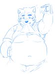  absurd_res anthro belly biceps blush canid canine canis clothed clothing clothing_lift domestic_dog embarrassed eyebrows hi_res lifewonders live-a-hero male mammal mokdai muscular_arms navel overweight pig_p0318 selfie shirt shirt_lift sketch solo thick_eyebrows topwear video_games 