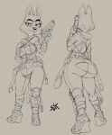  2022 anthro areola areola_slip belt big_butt bodysuit boots breasts butt canid canine clothing diane_foxington dreamworks exposed_breasts exposed_butt female footwear fox front_and_back gun handgun holding_object holding_weapon line_art mammal medium_breasts monochrome nipple_tape pasties pistol ranged_weapon sixsidesofmyhead skinsuit solo tape the_bad_guys tight_clothing torn_clothing utility_belt weapon 
