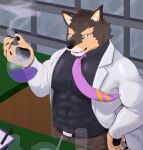  abs anthro beaker brown_body brown_fur canid canine canis chemical clothing coat domestic_dog eyebrows fur lab_coat laboratory_equipment laboratory_glassware lifewonders live-a-hero male mammal muscular muscular_anthro muscular_male necktie pecs pubraseer purple_eyes scientific_instrument scientist shi_ba_ki_chi solo thick_eyebrows tight_clothing topwear video_games 