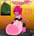  2018 anthro belly big_belly bottomwear bowl breasts burping clothing comic container deep_navel english_text female fur hair hand_on_stomach hi_res mammal multicolored_body multicolored_fur navel open_mouth raspberry_(viroveteruscy) red_eyes solo sound_effects text topwear two_tone_body two_tone_fur ursid viroveteruscy warning_cream_filled 