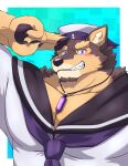  anthro asanoozeann blush brown_body brown_fur canid canine canis crystal domestic_dog eyebrows fur gesture grin hi_res jewelry lifewonders live-a-hero male mammal muscular muscular_anthro muscular_male necklace pawpads pubraseer sailor_hat sailor_uniform salute smile solo thick_eyebrows video_games 