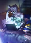  2022 anthro bedding biped black_eyes black_eyewear black_glasses black_nose blanket book breasts chest_tuft claws cleavage clothed clothing computer dark_eyes dark_nose digital_media_(artwork) eyewear felid female finger_claws fur fur_tuft glasses grey_body grey_fur inner_ear_fluff inside kemono laptop mammal markings medium_breasts monotone_eyes monotone_nose notebook off_shoulder pantherine pillow plantigrade short_sleeves sitting snow_leopard solo spots spotted_arms spotted_body spotted_ears spotted_fur spotted_legs spotted_markings spotted_tail tail_markings teteteko toe_claws tuft 