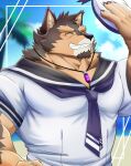  absurd_res anthro beach blush brown_body brown_fur canid canine canis crystal domestic_dog eyebrows fur grin hi_res jewelry lifewonders live-a-hero male mammal muscular muscular_anthro muscular_male necklace outside pecs pubraseer sailor_hat sailor_uniform seaside shillon0610 smile solo thick_eyebrows video_games 