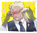  3pdta animal_ears animal_humanoid beard blonde_hair blush braided_hair braided_ponytail duo embarrassed eyewear facial_hair first_person_view glasses hair hi_res huckle humanoid japanese_text lifewonders live-a-hero male necktie playing_with_ears text video_games 