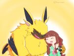  absurd_res anthro bandai_namco brown_hair claws digimon digimon_(species) digimon_ghost_game duo embrace eyes_closed female fur hair hi_res hug human lamortmon long_hair maguropann male mammal monster ruri_tsukiyono sharp_teeth smile teeth yellow_body yellow_fur 