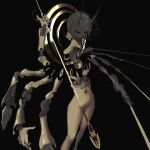  1girl android black_background closed_eyes completely_nude disembodied_head extra_arms full_moon halo holding holding_sword holding_weapon horns medium_hair moon multiple_halos narue navel no_mouth nude original pale_skin polearm robot simple_background solo spear standing sword weapon white_hair 