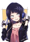  1girl :d audio_jack bangs black_hair black_jacket boku_no_hero_academia brown_background commentary_request facial_mark fingerless_gloves gloves hands_on_headphones hands_up headphones highres jacket jirou_kyouka long_sleeves looking_at_viewer multicolored_hair open_clothes open_jacket pink_hair pink_shirt puffy_long_sleeves puffy_sleeves shirt smile solo sweat tama_(tama-s) teeth two-tone_background two-tone_hair upper_body upper_teeth white_background white_gloves 