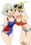  2girls :d absurdres bare_arms bare_legs bikini blonde_hair blue_bow blue_eyes blue_swimsuit bow breasts brown_ribbon casual_one-piece_swimsuit character_request cleavage closed_mouth collarbone eyewear_on_head food frilled_swimsuit frills front-tie_bikini front-tie_top green_hair groin healer_girl highres holding holding_food medium_breasts mismatched_bikini multicolored_hair multiple_girls navel one-piece_swimsuit pink_hair purple_eyes purple_hair red_bikini ribbon shiny shiny_hair short_hair side-tie_bikini simple_background single_hair_bun smile standing strap_gap striped striped_bikini sunglasses swimsuit two-tone_hair w watermelon_slice white_background 