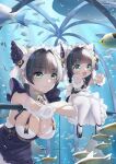  2girls :3 :d absurdres against_glass anchor_symbol aquarium_tunnel arm_support azur_lane bangs black_footwear black_hair blunt_bangs breasts cheshire_(azur_lane) cleavage commentary_request eyebrows_visible_through_hair fish green_eyes highres knees_together_feet_apart large_breasts leaning_forward little_cheshire_(azur_lane) long_sleeves looking_away maid_headdress mary_janes multicolored_hair multiple_girls namesake shigatsu_(4gate) shoes short_hair sidelocks sitting_on_fence smile streaked_hair thighhighs two-tone_hair whale white_legwear 