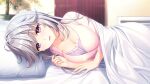  1girl alpha_(yukai_na_nakamatachi) bangs bedroom blurry blurry_background breasts cleavage collarbone eyebrows_visible_through_hair game_cg hair_between_eyes hair_intakes indoors large_breasts long_hair lying non-web_source on_side pink_eyes pink_shirt shiny shiny_hair shirt solo sousaku_kanojo_no_renai_koushiki under_covers white_hair yukisaki_erena 