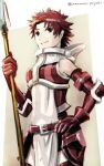  1girl amatari_sukuzakki armor belt fire_emblem fire_emblem_awakening holding holding_polearm holding_weapon looking_to_the_side polearm red_eyes red_hair short_hair sully_(fire_emblem) thighs upper_body weapon 