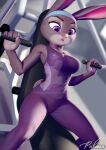  4_fingers accessory anthro bodily_fluids breasts clothed clothing disney distracting_watermark dutch_angle exercise exercise_equipment eyebrows female fingers fully_clothed fur grey_body grey_fur gym headband hi_res inside judy_hopps lagomorph leporid long_ears mammal open_mouth pakwan008 patreon public purple_eyes rabbit sitting solo sweat sweatband text tight_clothing url watermark weightlifting workout zootopia 