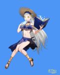  1girl absurdres alternate_costume bad_source bikini blue_nails book card commission commissioner_upload hat hayatetsujimoto highres lavenza_(persona_5) long_hair looking_at_viewer midriff nail_polish off-shoulder_bikini off_shoulder persona persona_5 sandals swimsuit thighs toes yellow_eyes 