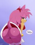  2020 amy_rose anthro bigdon1992 bottomless butt butt_focus clothed clothing cosplay dialogue digital_media_(artwork) dress edit english_text eulipotyphlan female fur gloves green_eyes handwear hedgehog hi_res mammal meme no_underwear nyuroraxbigdon open-back_dress sega simple_background solo sonic_the_hedgehog_(series) speech_bubble text upskirt video_games 