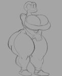  absurd_res amphibian anthro big_breasts bottomwear breasts cleavage clothed clothing female footwear frog hi_res huge_breasts huge_hips huge_thighs monochrome non-mammal_breasts pants sandals shirt smile solo thick_thighs topwear wide_hips xytora 