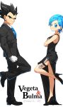  1boy 1girl bangs bare_arms black_dress black_eyes black_footwear black_hair black_jacket black_pants blue_eyes blue_hair blue_necktie bulma character_name closed_mouth collared_shirt crossed_arms dragon_ball dragon_ball_z dress evening_gown formal from_side gamubanku gloves high_heels highres jacket long_dress long_hair looking_at_viewer mr._and_mrs._smith necktie open_clothes open_jacket pant_suit pants parody parted_bangs pumps shiny shiny_hair shirt short_hair side_slit sleeveless sleeveless_dress smile smug spiked_hair standing standing_on_one_leg suit thigh_strap vegeta white_gloves white_shirt wing_collar 