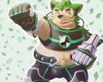  anthro ara1044hito armor belly bulge canid canine canis confetti domestic_dog eyebrows fur green_body green_fur lifewonders live-a-hero male mammal mecha_fist mokdai muscular_arms overweight solo superhero thick_eyebrows video_games visor 