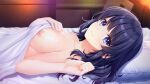  1girl alpha_(yukai_na_nakamatachi) bangs bedroom blue_eyes blue_hair breasts closed_mouth collarbone eyebrows_visible_through_hair game_cg hair_down indoors long_hair lying medium_breasts nipples non-web_source nude on_back on_bed shiny shiny_hair smile solo sousaku_kanojo_no_renai_koushiki straight_hair tsukimizaka_kiriha under_covers upper_body 