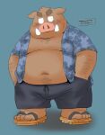  2022 anthro belly big_belly blue_background blush bottomwear clothed clothing footwear kemono male mammal moobs navel open_clothing open_shirt open_topwear overweight overweight_male sandals shirt shorts simple_background solo suid suina sus_(pig) topwear toshi_(artist) wild_boar 
