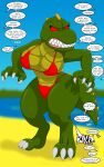  after_transformation angry anthro beach big_breasts bikini breasts claws clenched_teeth clothed clothing dialogue dinosaur eyelashes female female_pred feral green_body hi_res huge_breasts humanoid implied_transformation kaiju lake lizard lizzie_(rampage) monster partially_clothed rampage rampage_(game) red_eyes reptile roaring runningtoaster scalie seaside semi-anthro sharp_claws sharp_teeth solo spiked_tail spikes spikes_(anatomy) swimwear teeth text toe_claws torn_clothing transformation video_games yelling yellow_body 