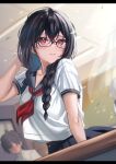  1girl absurdres bangs black_hair blue_sailor_collar blurry blurry_background blush braid dutch_angle fou_(ssqseeker) glasses hair_between_eyes highres indoors long_hair looking_at_viewer low_twintails neckerchief original parted_lips pink_eyes red_neckerchief sailor_collar school_uniform serafuku short_sleeves smile solo_focus twin_braids twintails white_hair 