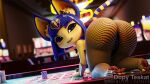  3d_(artwork) animal_crossing ankha_(animal_crossing) anthro big_butt blue_hair blush butt casino casino_table clothing digital_media_(artwork) domestic_cat felid feline felis female hair hi_res legwear looking_at_viewer looking_back looking_back_at_viewer mammal nintendo open_mouth pantyhose pawpads paws sashacakes smile solo teeth video_games yellow_body 