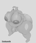  angus_delaney anthro big_breasts breasts estemilk hi_res hyper hyper_moobs looking_at_viewer male mammal monochrome night_in_the_woods overweight overweight_male slightly_chubby solo ursid video_games 