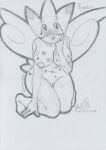  2022 anthro big_breasts blush bodily_fluids breasts feet female genital_fluids genitals graphite_(artwork) kneeling leaning leaning_forward lunaris_parukia markings navel nintendo nipples nude pok&eacute;mon pok&eacute;mon_(species) pok&eacute;morph pussy pussy_juice solo togekiss traditional_media_(artwork) video_games wings 