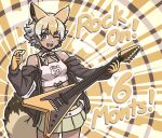  acesrulez anniversary bare_shoulders belt black_jacket blonde_hair blush choker commentary cowboy_shot coyote_(kemono_friends) coyote_ears coyote_girl coyote_tail electric_guitar extra_ears guitar instrument jacket kemono_friends kemono_friends_v_project long_sleeves microphone multicolored_hair off_shoulder one_eye_closed pleated_skirt plectrum shirt short_hair skirt spaghetti_strap white_belt white_choker white_hair white_shirt white_skirt yellow_eyes 