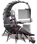  1girl black_gloves chair commentary_request computer computer_tower cup_holder desk diamond_print dress drill_hair gaming_chair garter_straps gloves hair_ribbon hairband hands_on_lap highres hyakumantenbara_salome keyboard_(computer) long_hair looking_at_screen monitor mouse_(computer) multiple_monitors muted_color nijisanji outstretched_legs purple_hair red_dress ribbon scorpion scorpion_tattoo shoes shoes_removed simple_background sitting smile solo sparkle speaker strapless strapless_dress strappy_heels syatey tattoo thighhighs virtual_youtuber white_background 
