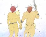  9x9 anthro armor bandai_namco butt clothing damaged_armor digimon digimon_(species) duo hand_holding male male/male melee_weapon muscular scar sword thong underwear victorygreymon walking wargreymon weapon wounded 