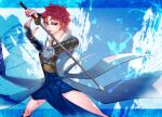  1girl alternate_costume armor fire_emblem fire_emblem_awakening holding holding_sword holding_weapon looking_to_the_side red_eyes red_hair short_hair sully_(fire_emblem) sword thighs upper_body weapon wtnbear 
