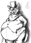  2020 absurd_res anthro belly belly_overhang big_belly bottomwear canid canine canis cape clothing dress_shirt eyewear facial_hair fangs fur hat headgear headwear hi_res looking_down love_handles male mammal monochrome monocle moriarty_(sherlock_hound) mustache obese overweight pants sherlock_hound_(series) shirt sketch solo suit tight_clothing top_hat topwear wolf yauhasart 